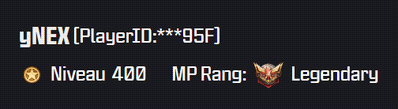 In-game profile card of yNEX — level 400, MP rank Legendary